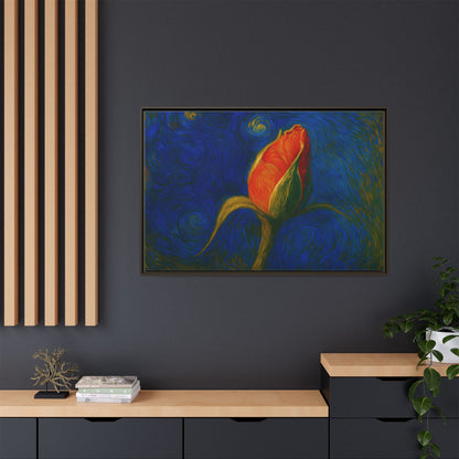 Red rose bud painting on framed canvas wall art by Printify, featuring vibrant red roses in a matte finish.