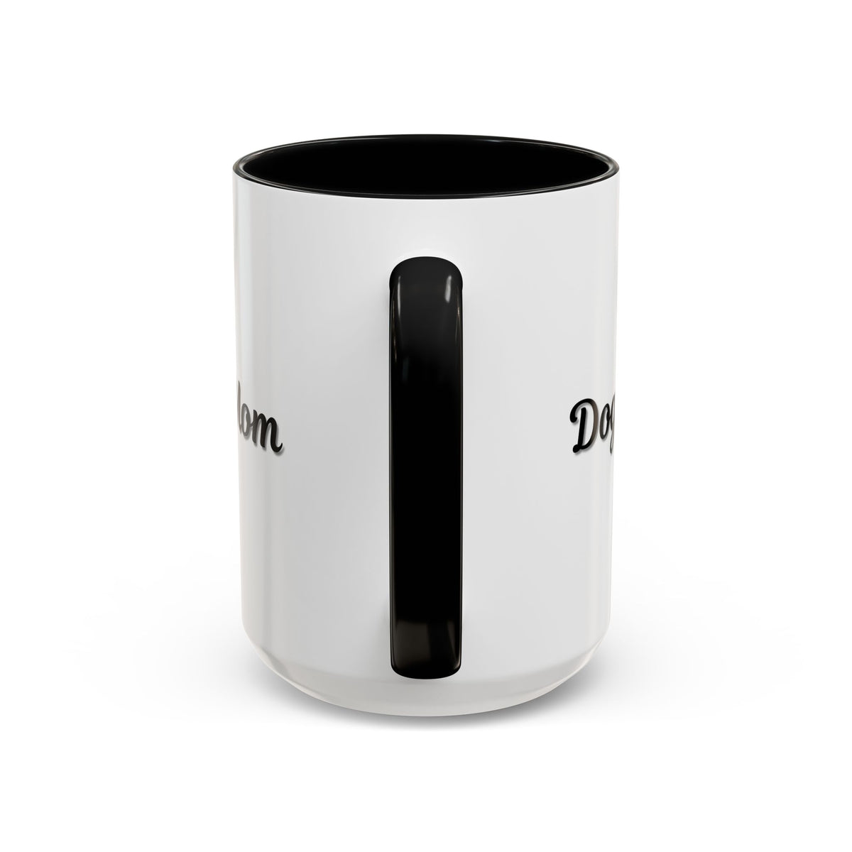 Dog Mom Accent Coffee Mug — white ceramic coffee mug with retro script "Dog Mom" print, colored interior and C-handle, 11oz/15oz, top-down view