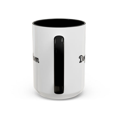 Dog Mom Accent Coffee Mug — white ceramic coffee mug with retro script "Dog Mom" print, colored interior and C-handle, 11oz/15oz, top-down view