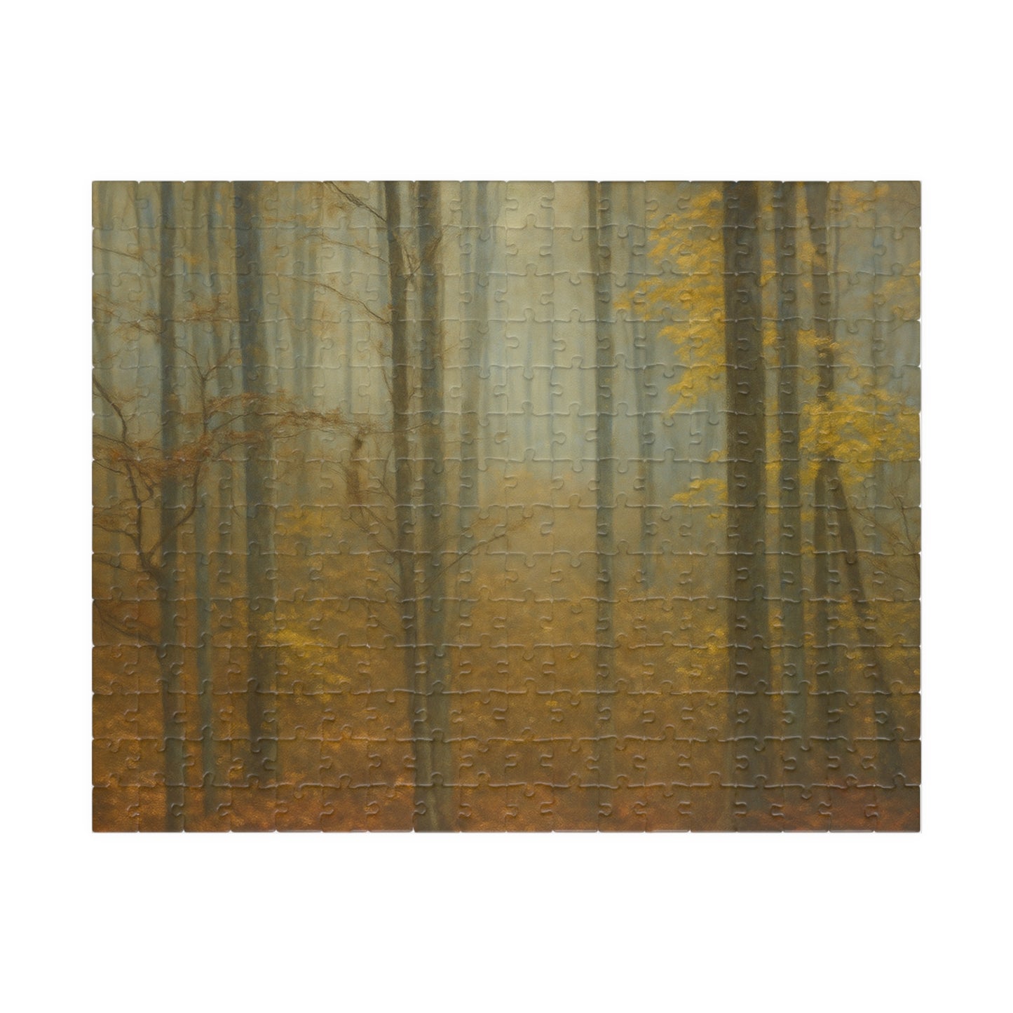 Printify Misty Forest Trees puzzle with 110 and 1014 pieces, featuring a serene forest scene with tall trees and misty atmosphere.