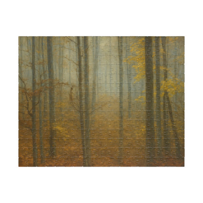 Printify Misty Forest Trees puzzle with 110 and 1014 pieces, featuring a serene forest scene with tall trees and misty atmosphere.