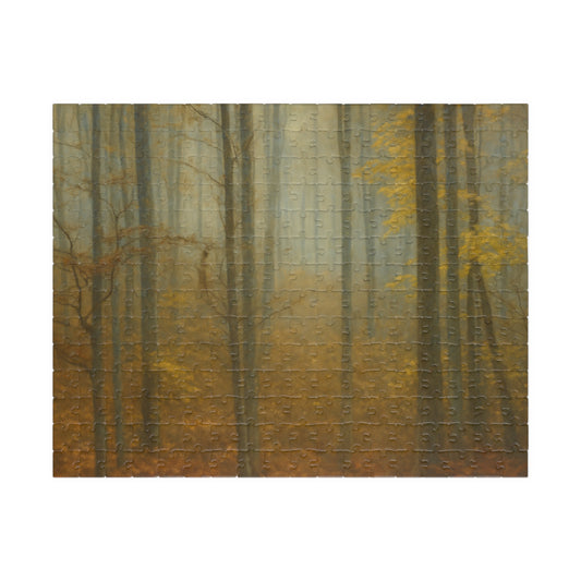 Printify Misty Forest Trees puzzle with 110 and 1014 pieces, featuring a serene forest scene with tall trees and misty atmosphere.
