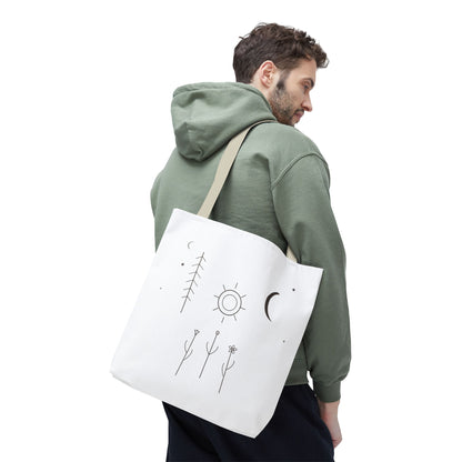 Minimal Moon and Sun botanical tote bag with celestial line art design, showcasing a stylish reusable bag by Printify.
