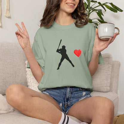 Printify baseball batter heart T-shirt featuring a graphic of a batter with a heart design, casual unisex apparel.