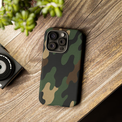 Rugged military green camo Printify Tough Phone Case protecting an iPhone with a durable, military-inspired design.