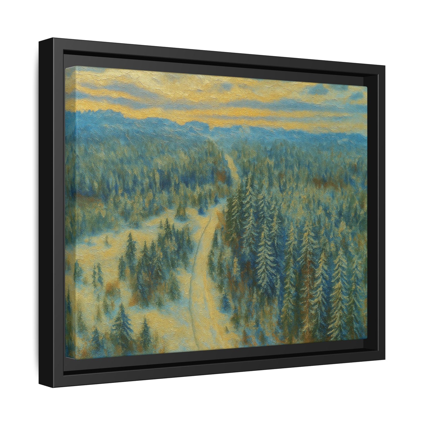 Framed matte canvas print of a serene winter forest landscape by Printify, showcasing snow-covered trees and peaceful scenery.