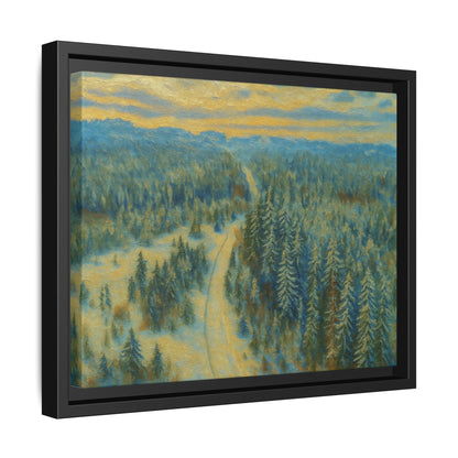Framed matte canvas print of a serene winter forest landscape by Printify, showcasing snow-covered trees and peaceful scenery.