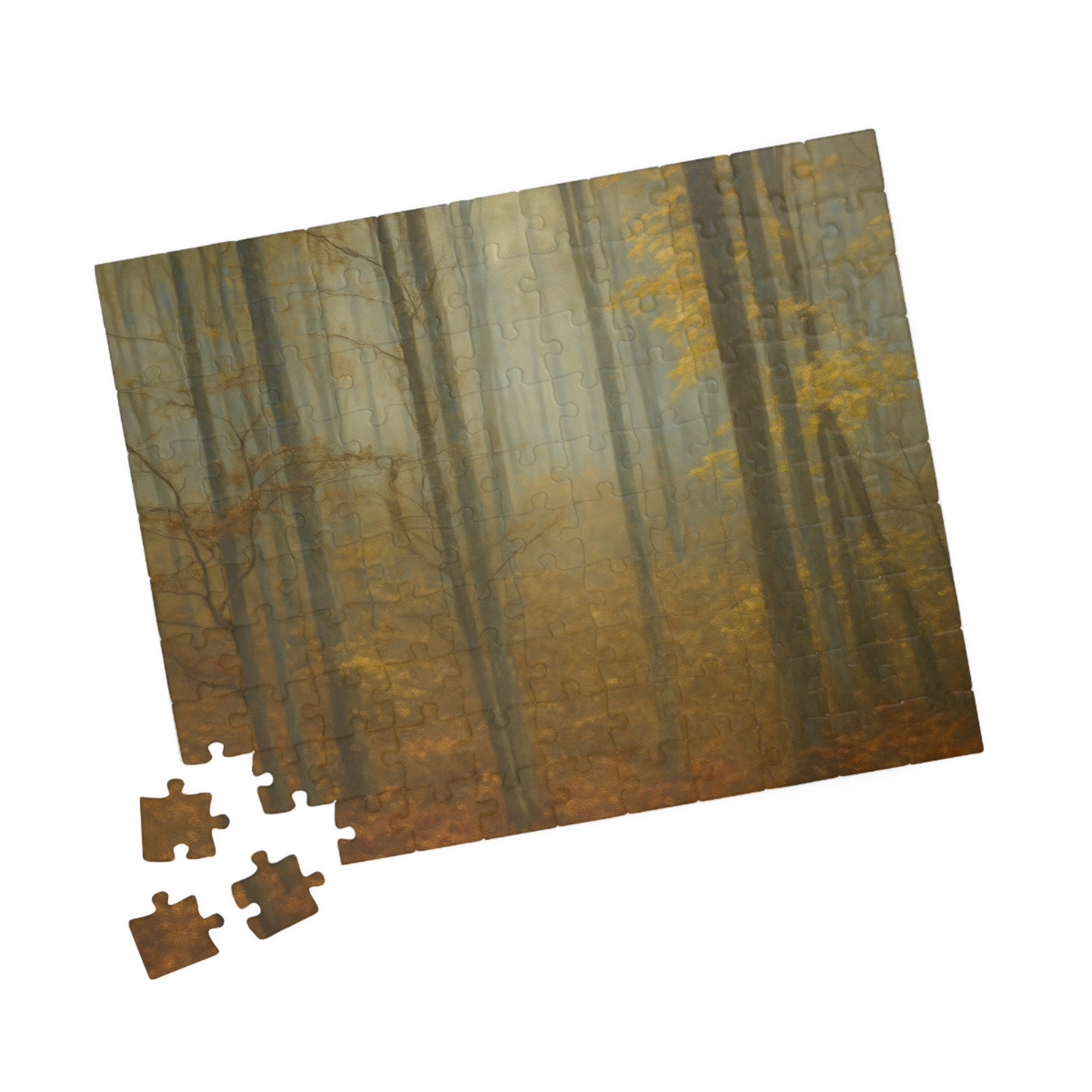 Misty Forest Trees Puzzle by Printify, 110 and 1014 piece jigsaw puzzle featuring a serene forest scene.