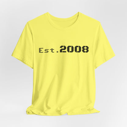 Black graphic T-shirt from Printify featuring "Established 2008" text in a minimal design.