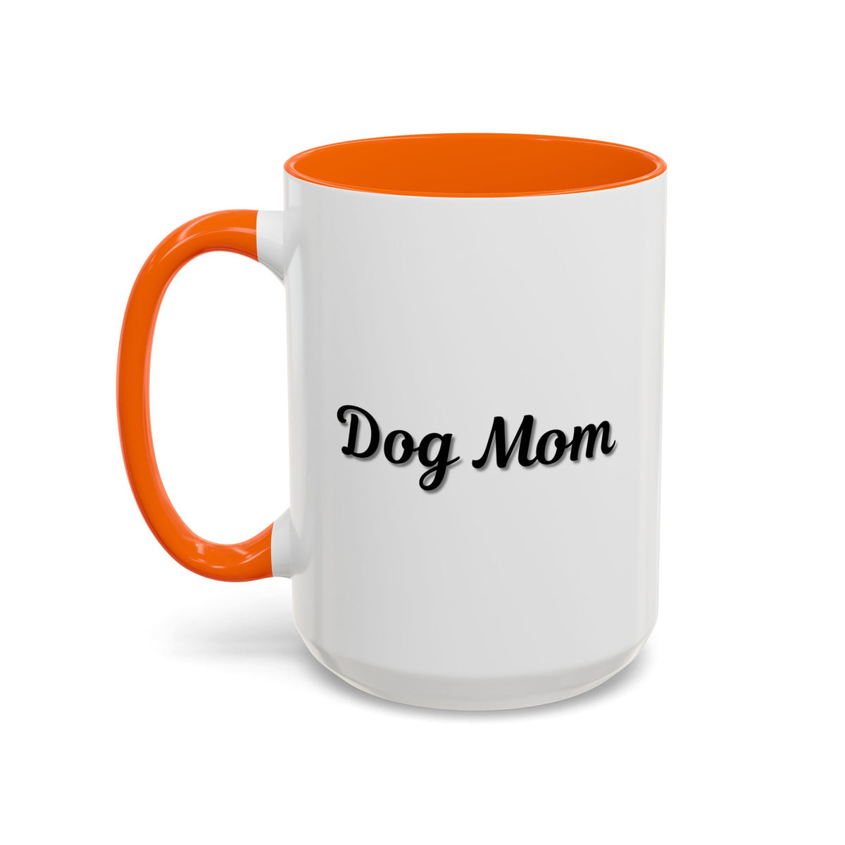 Dog Mom Accent Coffee Mug — white ceramic coffee mug with retro script "Dog Mom" print, colored interior and C-handle, 11oz/15oz, close-up of the printed design