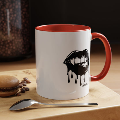 Black accent Dripping Bite coffee mug by Printify, 11oz or 15oz size, featuring a unique dripping design on ceramic surface.
