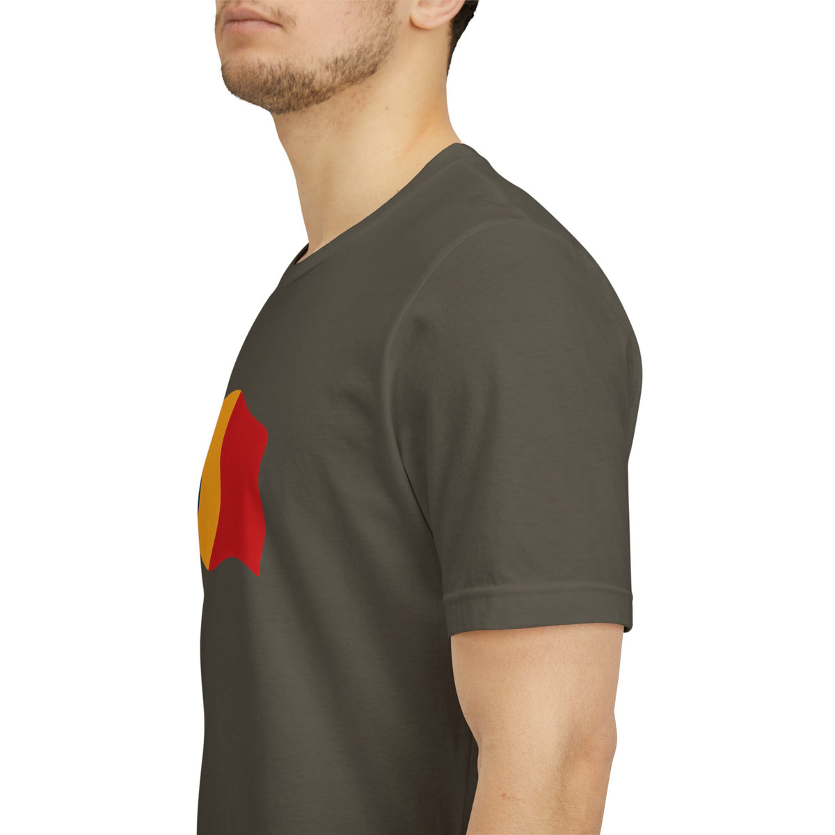 Romania flag T-shirt by Printify featuring a minimal waving tricolor design on a casual shirt.