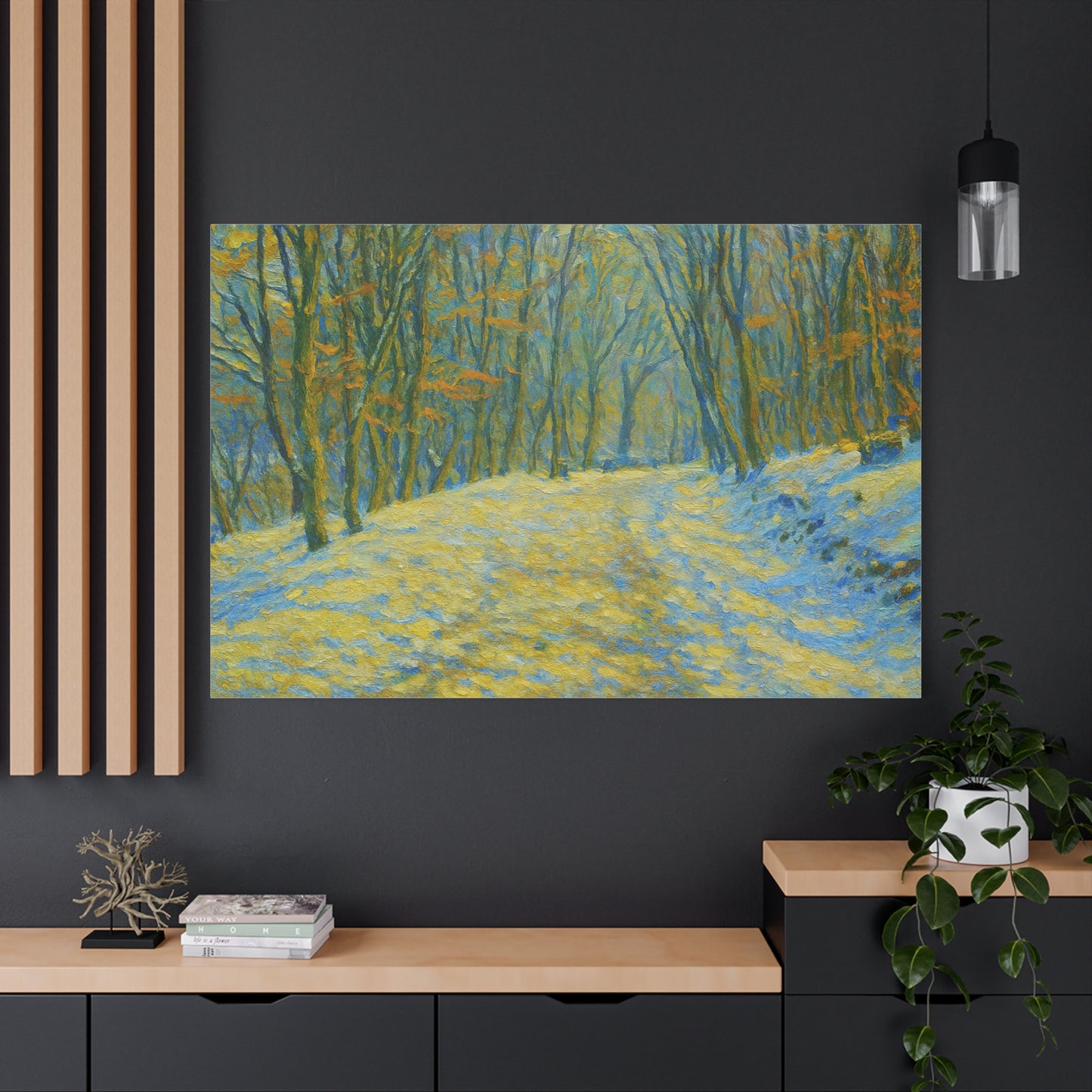 Winter landscape canvas wall art by Printify featuring a cozy nature scene, perfect for living room decor.