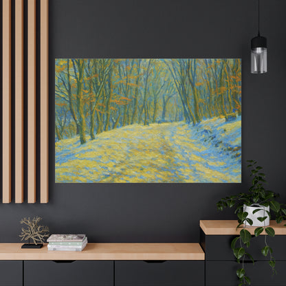 Winter landscape canvas wall art by Printify featuring a cozy nature scene, perfect for living room decor.