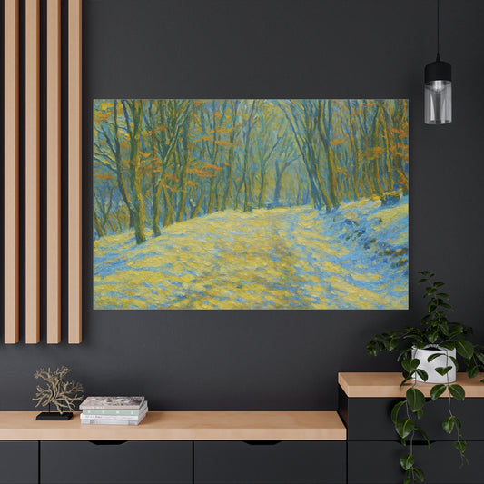 Winter landscape canvas wall art by Printify featuring a cozy nature scene, perfect for living room decor.