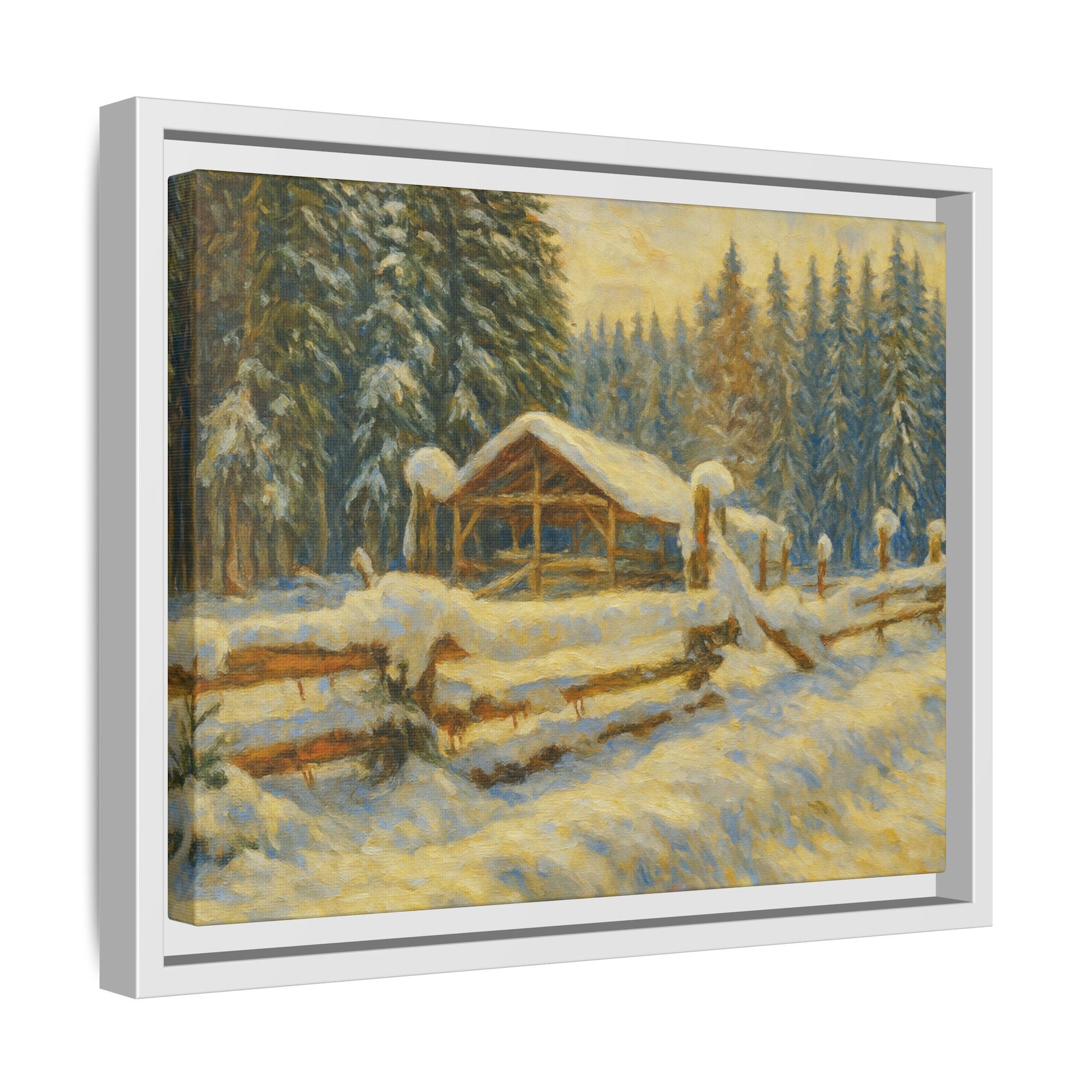 Snowy cabin winter landscape canvas wall art by Printify, featuring a cozy cabin scene in a snowy setting.
