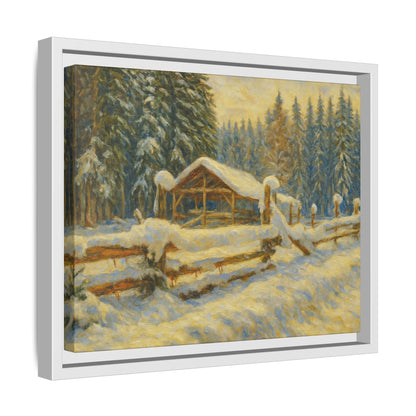 Snowy cabin winter landscape canvas wall art by Printify, featuring a cozy cabin scene in a snowy setting.