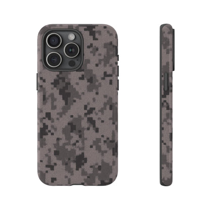 Gray digital camouflage phone case by Printify, tough protective cover designed for smartphones.