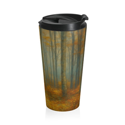 Stainless steel travel mug with autumn forest and fall trees landscape design by Printify, ideal for on-the-go beverages.