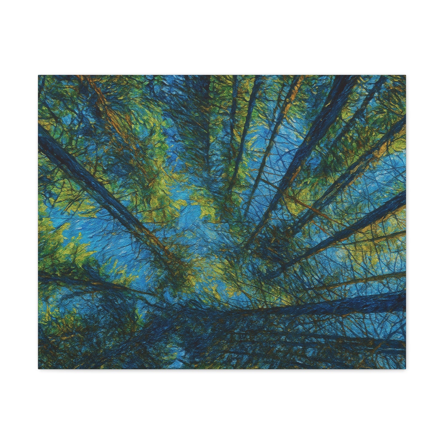 Forest Canopy Matte Canvas Wall Art — Upward View of Trees, Blue & Green Nature Print