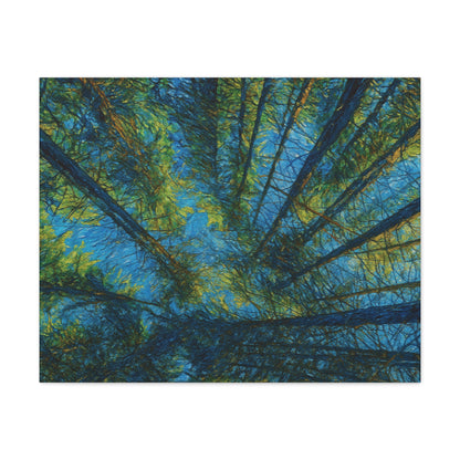 Forest Canopy Matte Canvas Wall Art — Upward View of Trees, Blue & Green Nature Print