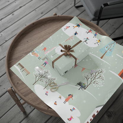 Winter Village Pattern Wrapping Paper | Holiday Snow Scene Roll