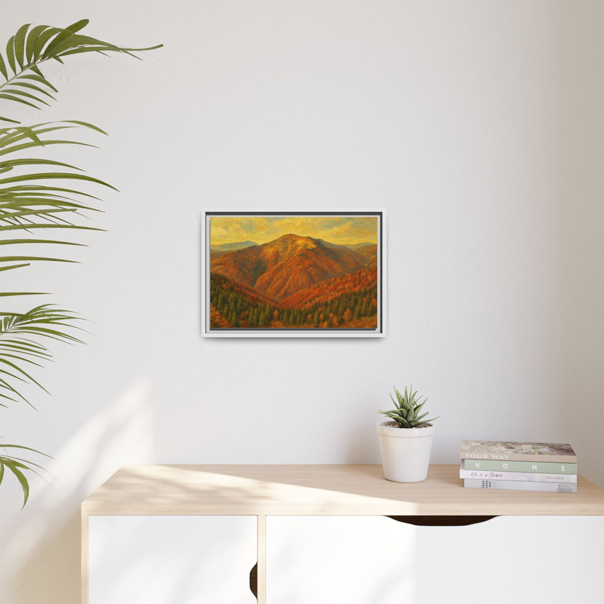 Autumn mountain matte canvas framed wall art by Printify featuring a scenic mountain landscape in warm tones.