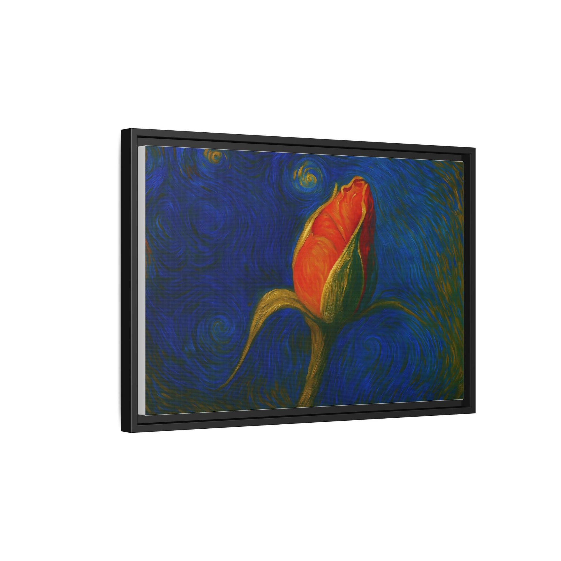 Red rose bud painting on framed canvas wall art by Printify, featuring vibrant floral artwork in matte finish.