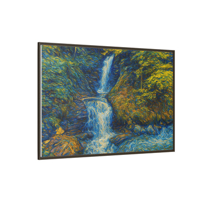 Framed matte canvas print of impressionist waterfall wall art by Printify, showcasing vibrant colors and textured brushstrokes.
