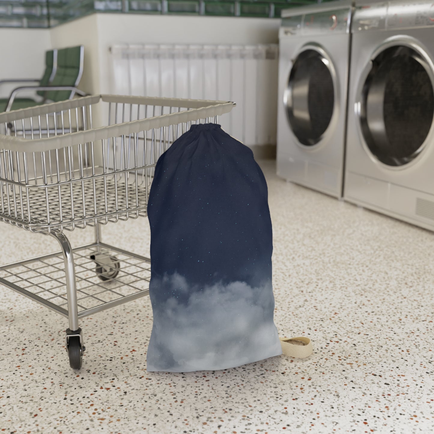Drawstring canvas laundry bag with night sky clouds print by Printify, featuring a spacious design and sturdy drawstring closure.