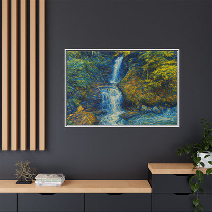 Framed matte canvas print of an impressionist waterfall wall art by Printify, showcasing vibrant colors and textured brushstrokes.