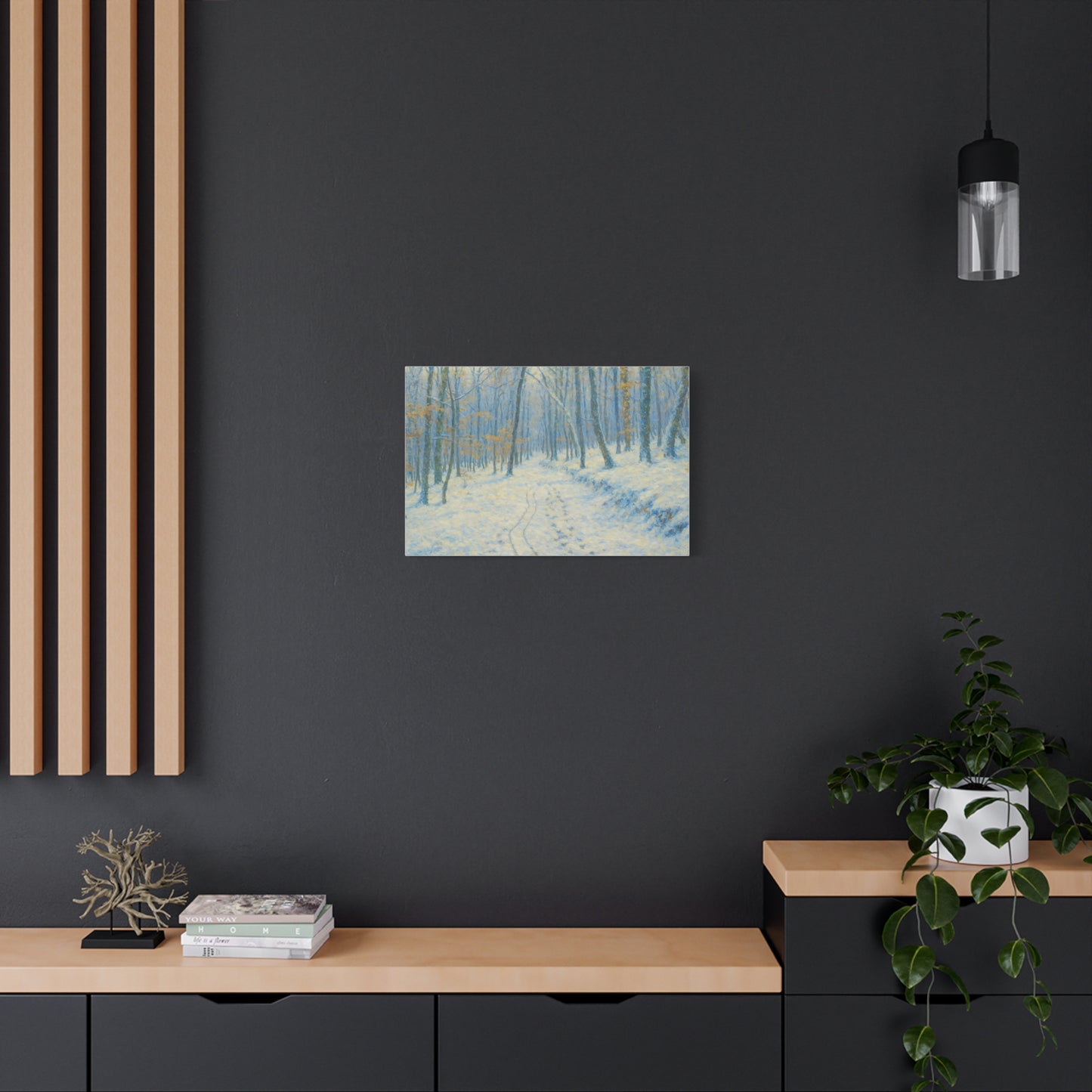 Winter woodland canvas print by Printify featuring a snowy forest scene, matte stretched wall art for winter decor.