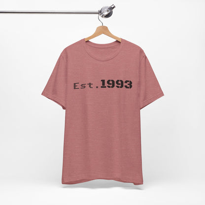 Vintage 1993 Est. T-Shirt by Printify featuring retro "Born in 1993" design on a classic tee.
