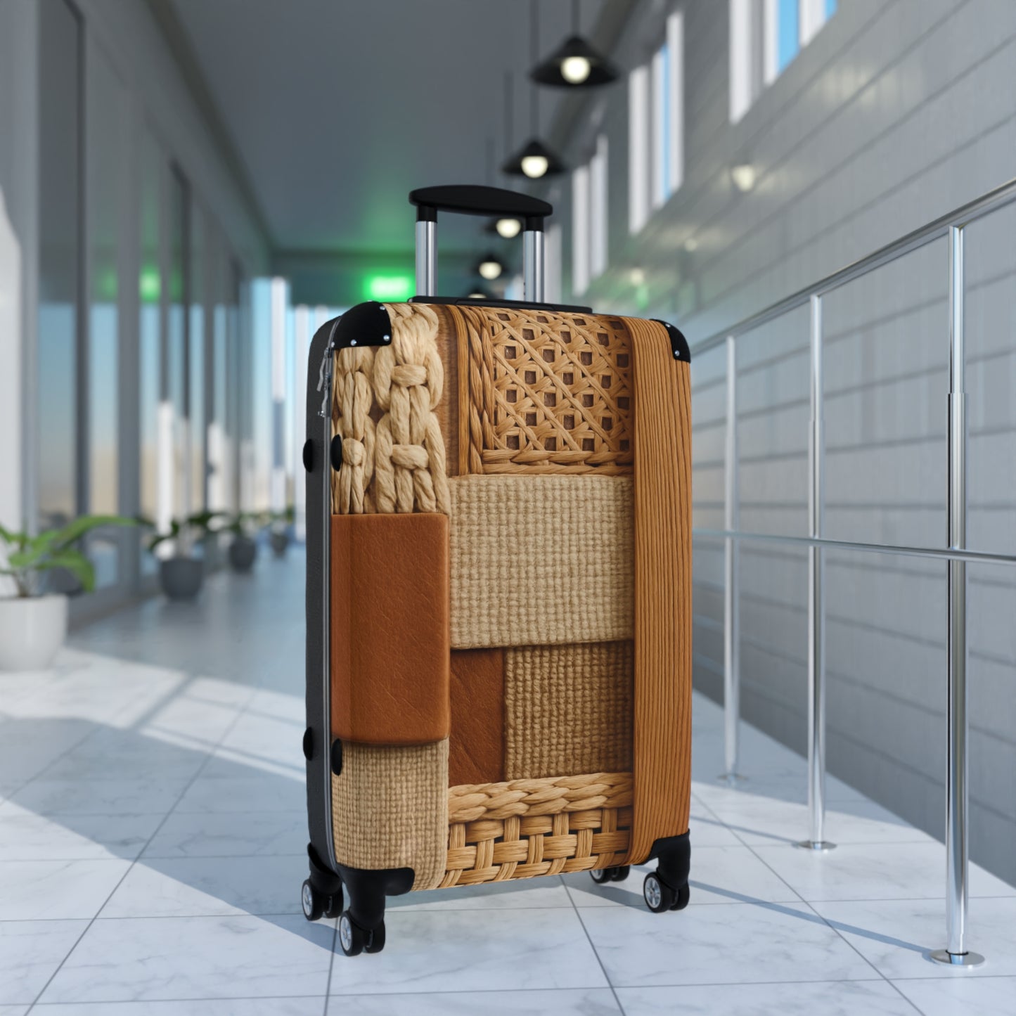 Woven Patchwork Carry-On Suitcase — Cozy Rattan & Knit Travel Luggage