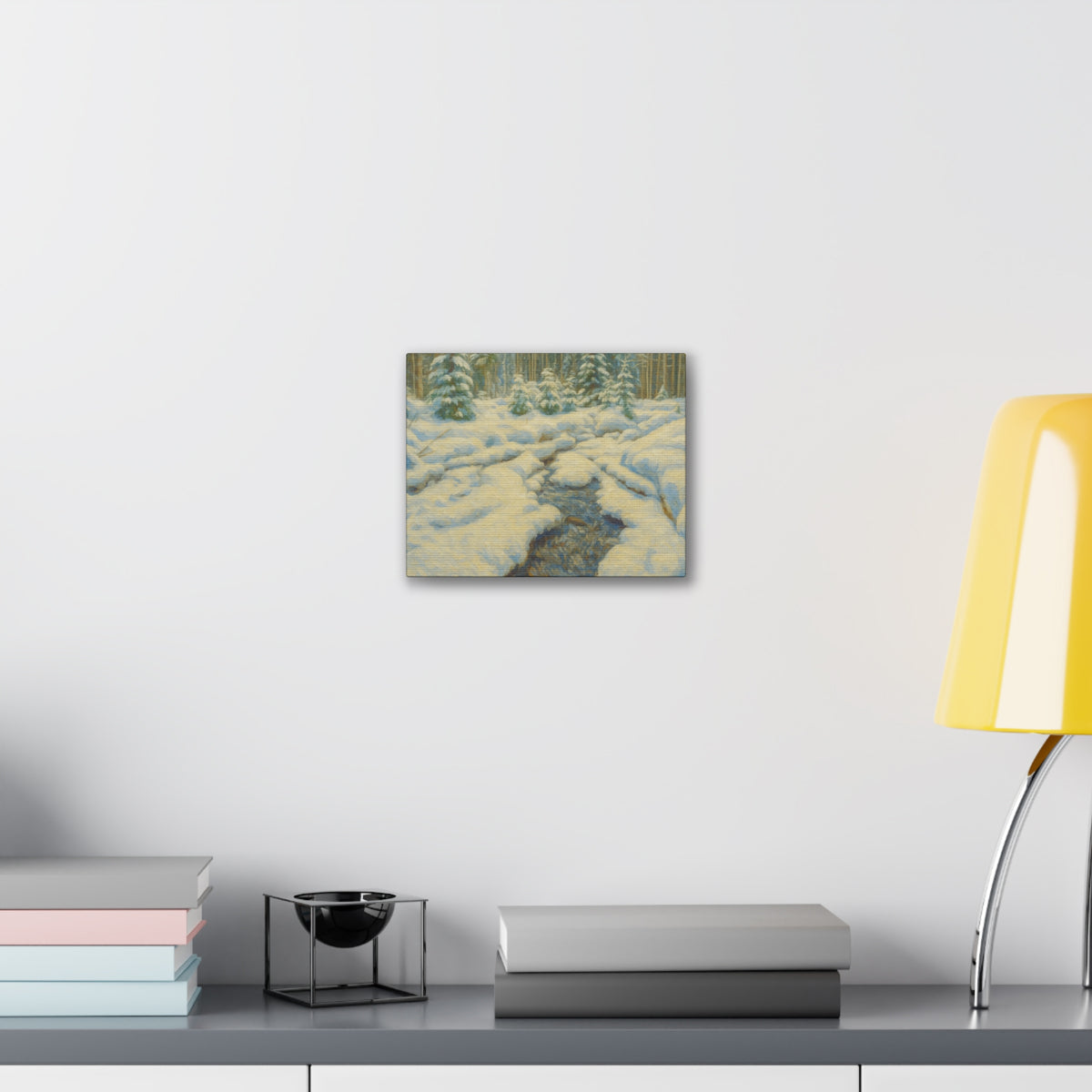 Winter landscape canvas wall art featuring a snowy forest and stream, printed on stretched canvas by Printify.
