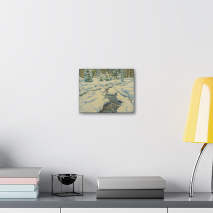 Winter landscape canvas wall art featuring a snowy forest and stream, printed on stretched canvas by Printify.