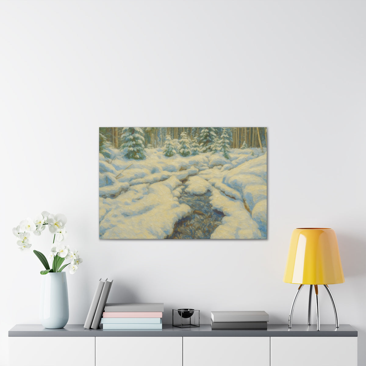Snowy forest stream winter landscape canvas wall art by Printify, depicting a serene snow-covered forest scene on stretched canvas.