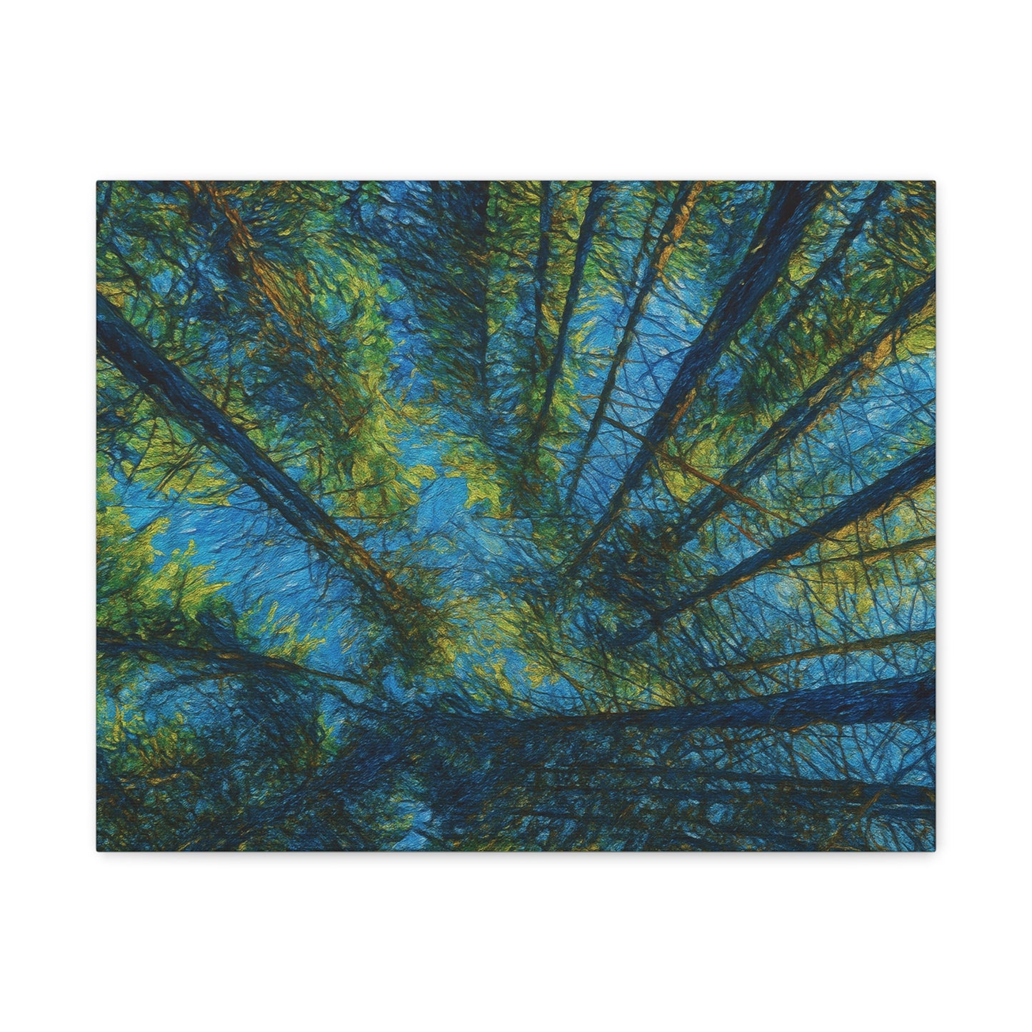 Forest Canopy Matte Canvas Wall Art — Upward View of Trees, Blue & Green Nature Print