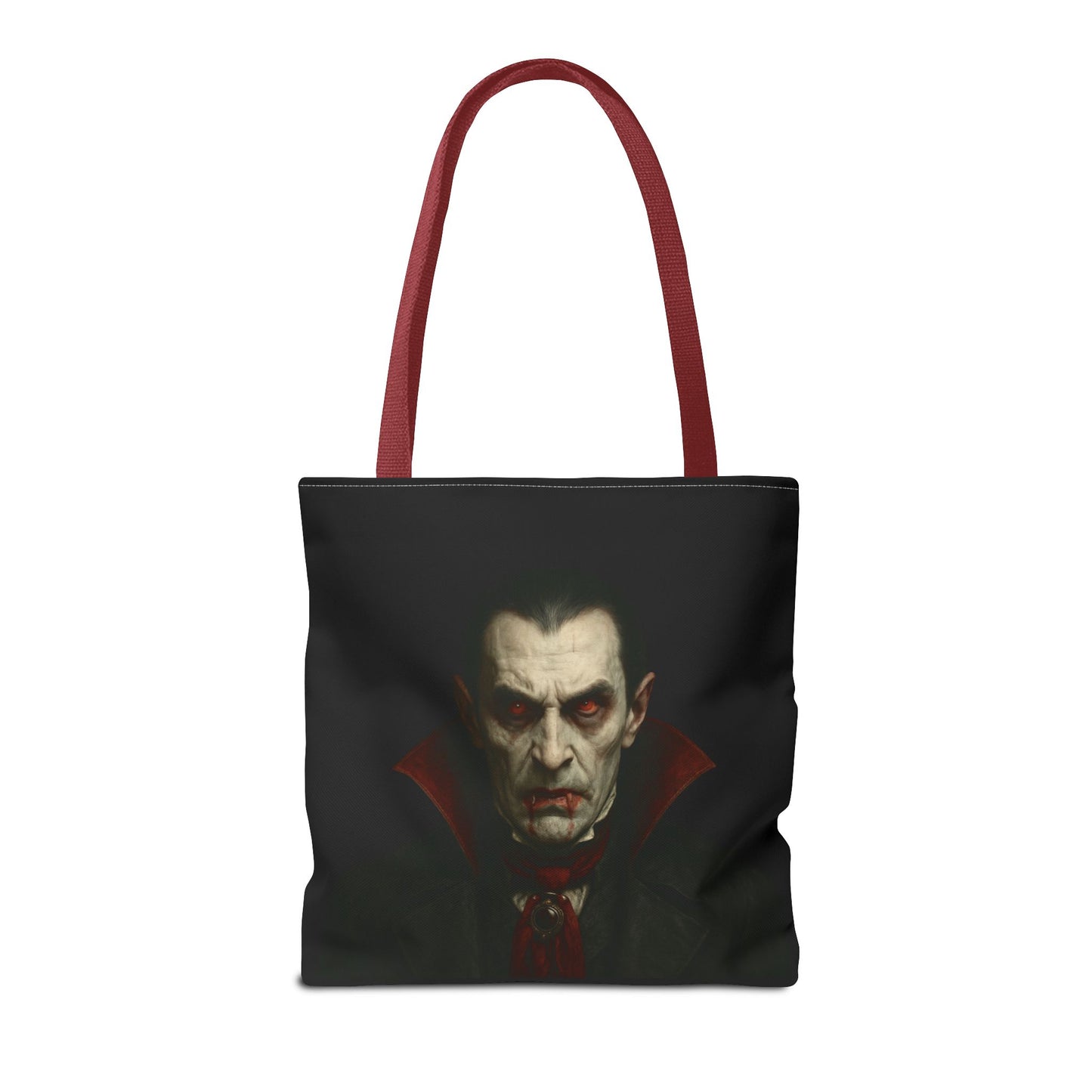 Black vampire-themed tote bag with spooky gothic design, perfect for Halloween accessories, by Printify.