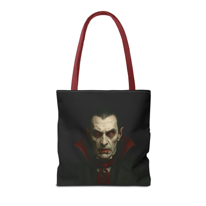 Black vampire-themed tote bag with spooky gothic design, perfect for Halloween accessories, by Printify.