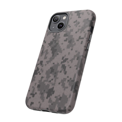 Gray digital camouflage phone case by Printify, rugged protective cover for smartphones with tough, stylish design.