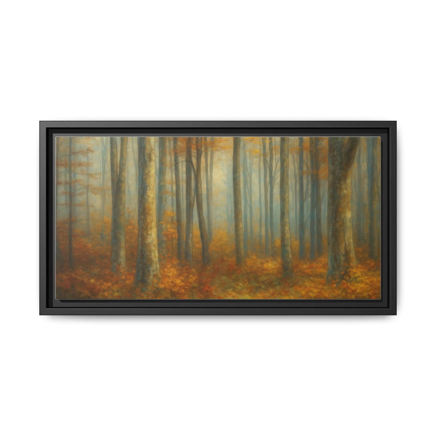 Framed autumn forest canvas print by Printify featuring a misty woodland scene for wall decor.