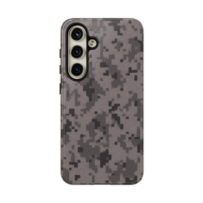 Gray digital camouflage phone case by Printify, tough protective cover for smartphones with a rugged camouflage design.