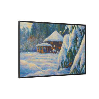 Framed matte canvas wall art featuring a snowy cabin winter landscape with trees and a peaceful winter scene.