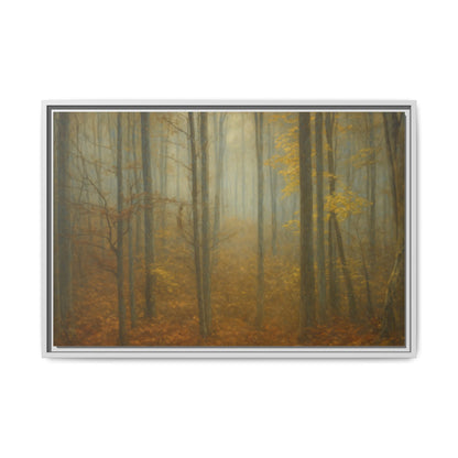 Framed matte canvas wall art of a misty autumn forest, featuring vibrant fall foliage and a serene woodland scene.