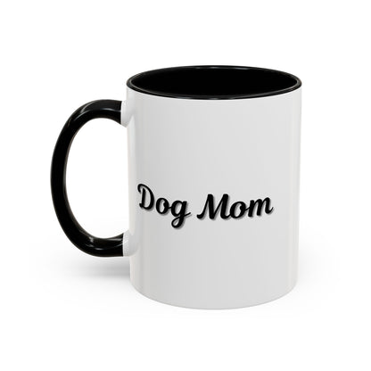 Dog Mom Accent Coffee Mug — white ceramic coffee mug with retro script "Dog Mom" print, colored interior and C-handle, 11oz/15oz, close-up of the printed design