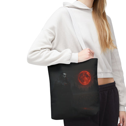 Gothic Dracula tote bag featuring moonlit vampire art, perfect Halloween gift, from Printify, showcasing a detailed, spooky vampire design.