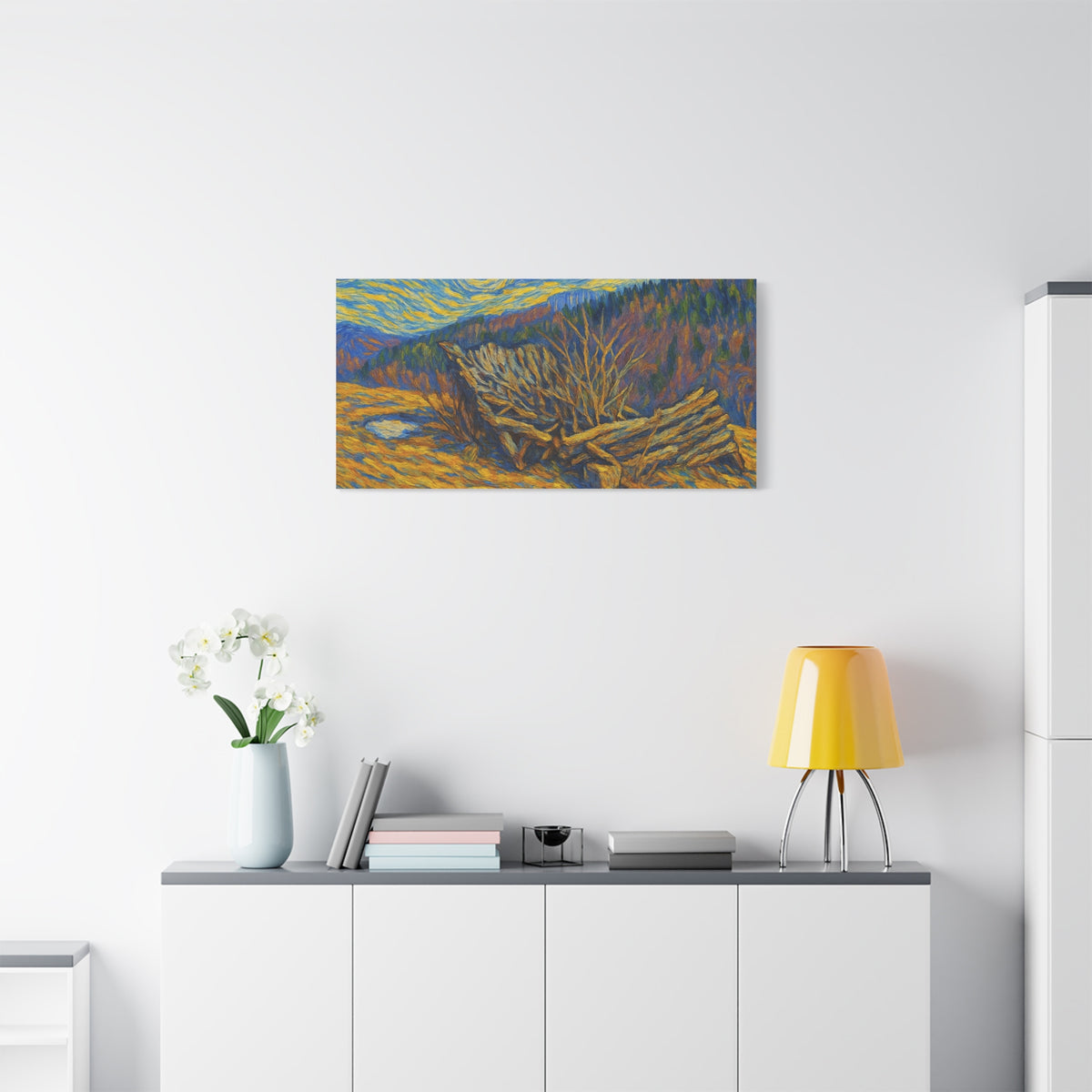 Impressionist Starry Landscape canvas print by Printify featuring a vibrant night sky with stars and a serene landscape scene.