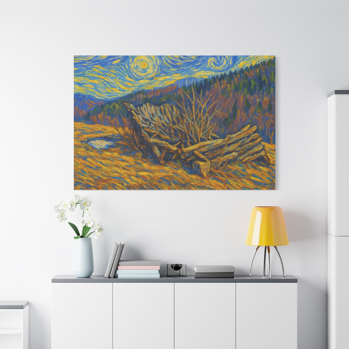 Impressionist Starry Landscape canvas print by Printify featuring a vibrant night sky with stars and scenic landscape.