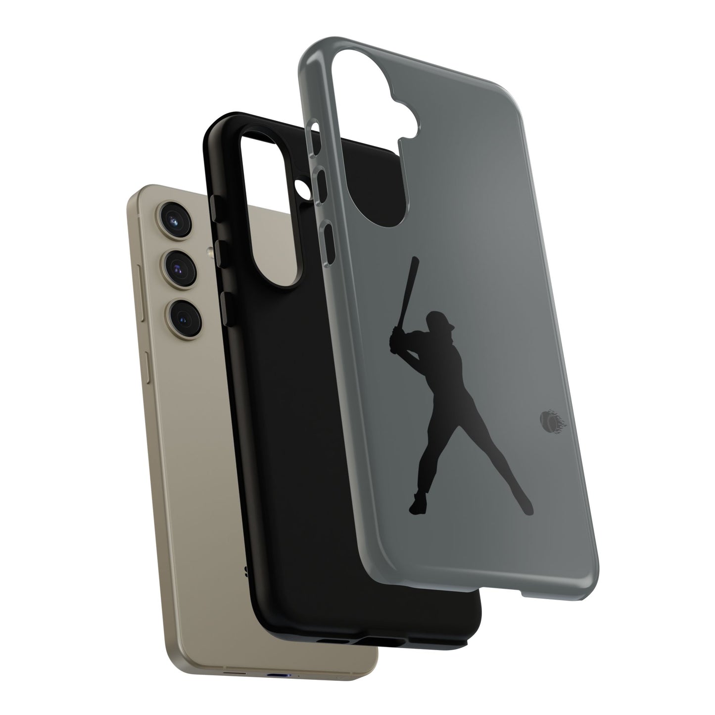 Black protective iPhone case with a baseball silhouette design, ideal for sports enthusiasts, by Printify.